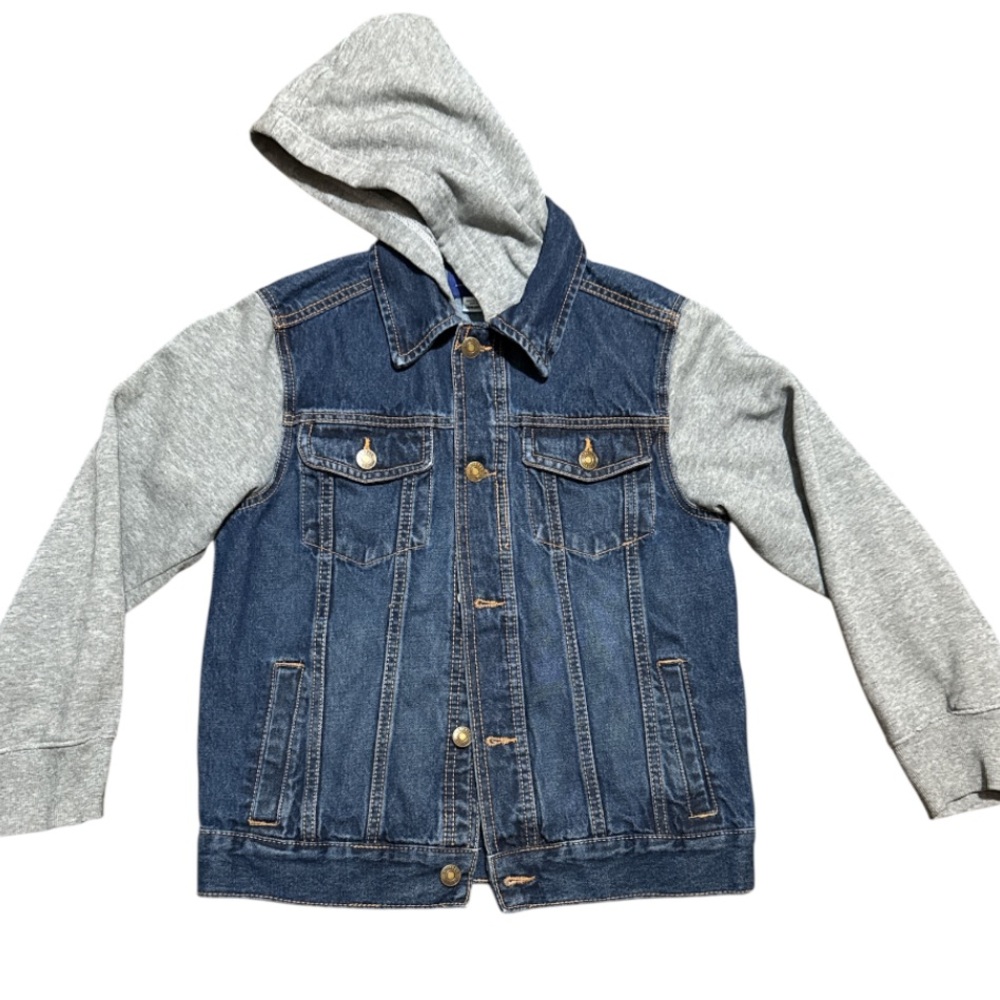 Simply Styled Kids Denim Jacket with Gray Hoodie Sleeves Sz M